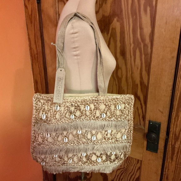 Salt & Umber Woven Straw Tote Bag Shell Detail Fringe Boho NWT - Picture 4 of 11
